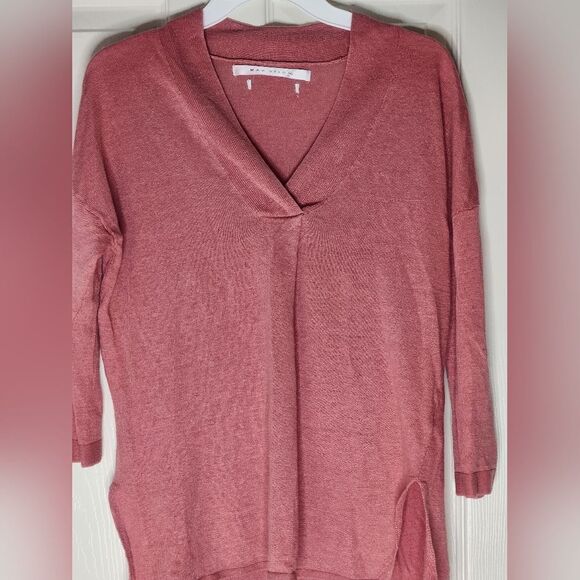 Max Studio M Coral Pink 100% LINEN 3/4 Sleeves Knit V-neck Women’s Top Sweater - Picture 3 of 8
